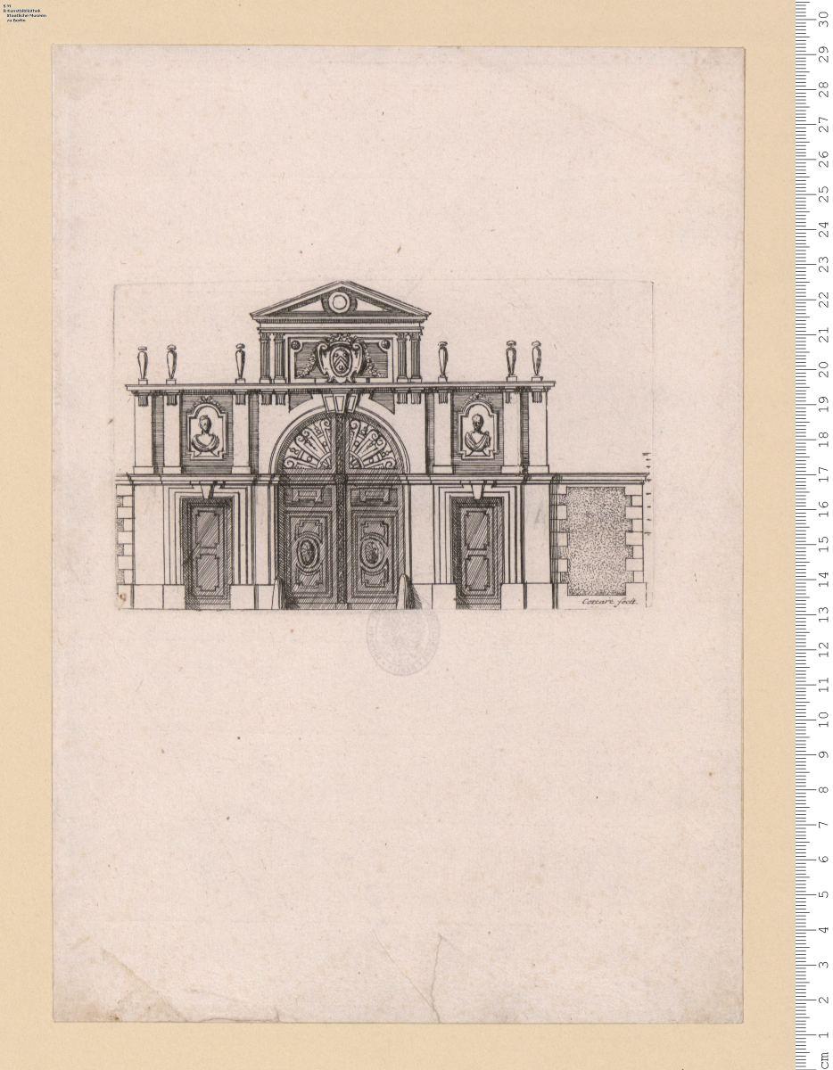 Portal mit 2 Seitentüren und anschließendem Maueransatz, bez: Cottart fecit.