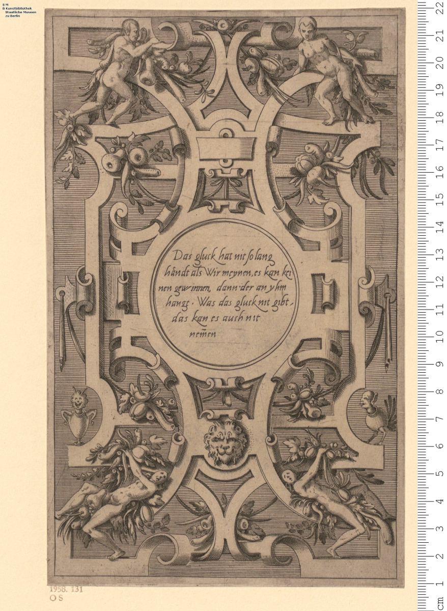 (4) 2 Blatt einer Folge: Hochfüllungen: Rollwerk mit grottesken Figuren, inmitten Inschrift, 1 Blatt dat: 1554.