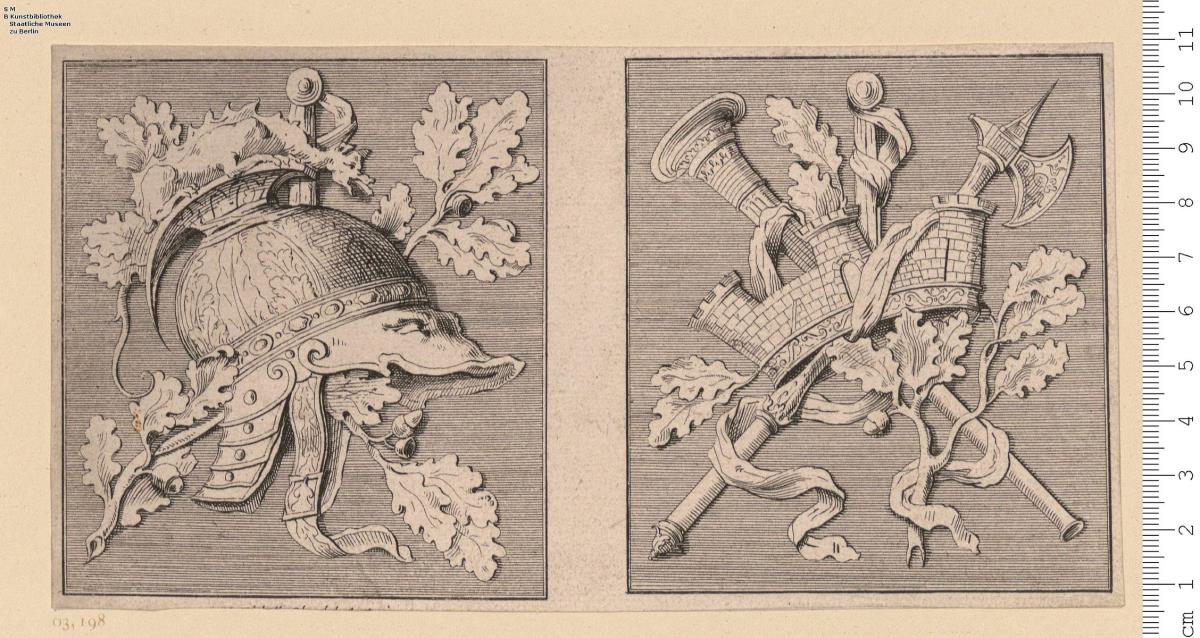 Folge: je 2 Trophäen von Kronen und Helmen nach Reliefs von der Fontaine des Dômes im Park von Versailles.
