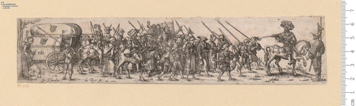 (3) Der Troßzug mit dem Hurenweibel an der Spitze, nach H. S. Beham, bez: de Bry^B4 fe.