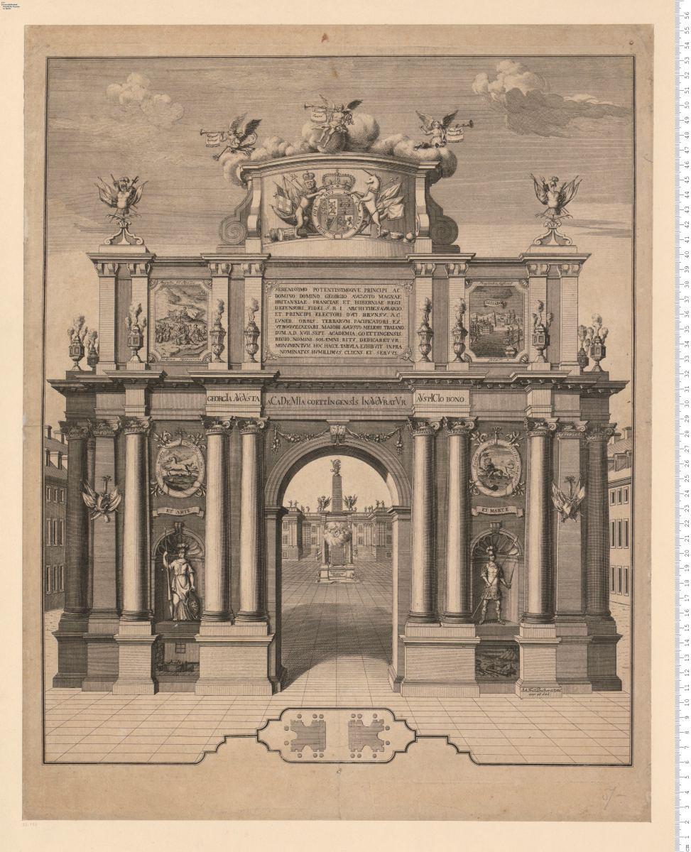 1 Bl. Ehrenpforte für Georg August, Herzog von Braunschweig-Lüneburg, errichtet von der Akademie in Göttingen. (Chronogramm:) 1737. Joh. Frid: Penther ... inv. et del: