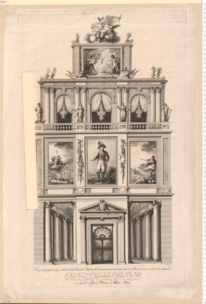 Vista de la ... Casa Escuelas de Artilleria ... 1807 con motivo de la exâltacion Del ... Generalísimo Principe de la Paz á la dignidad de Grande Almirante de España é Indias. (bez:) T. L. E. la grabó.