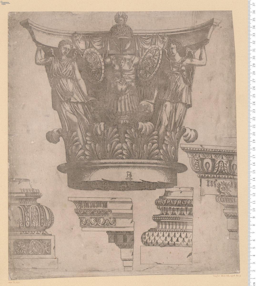 2) Kapitell mit zwei Siegesgöttinnen, unten noch vier Bauteile, bez. mit Monogr. u. 1559.