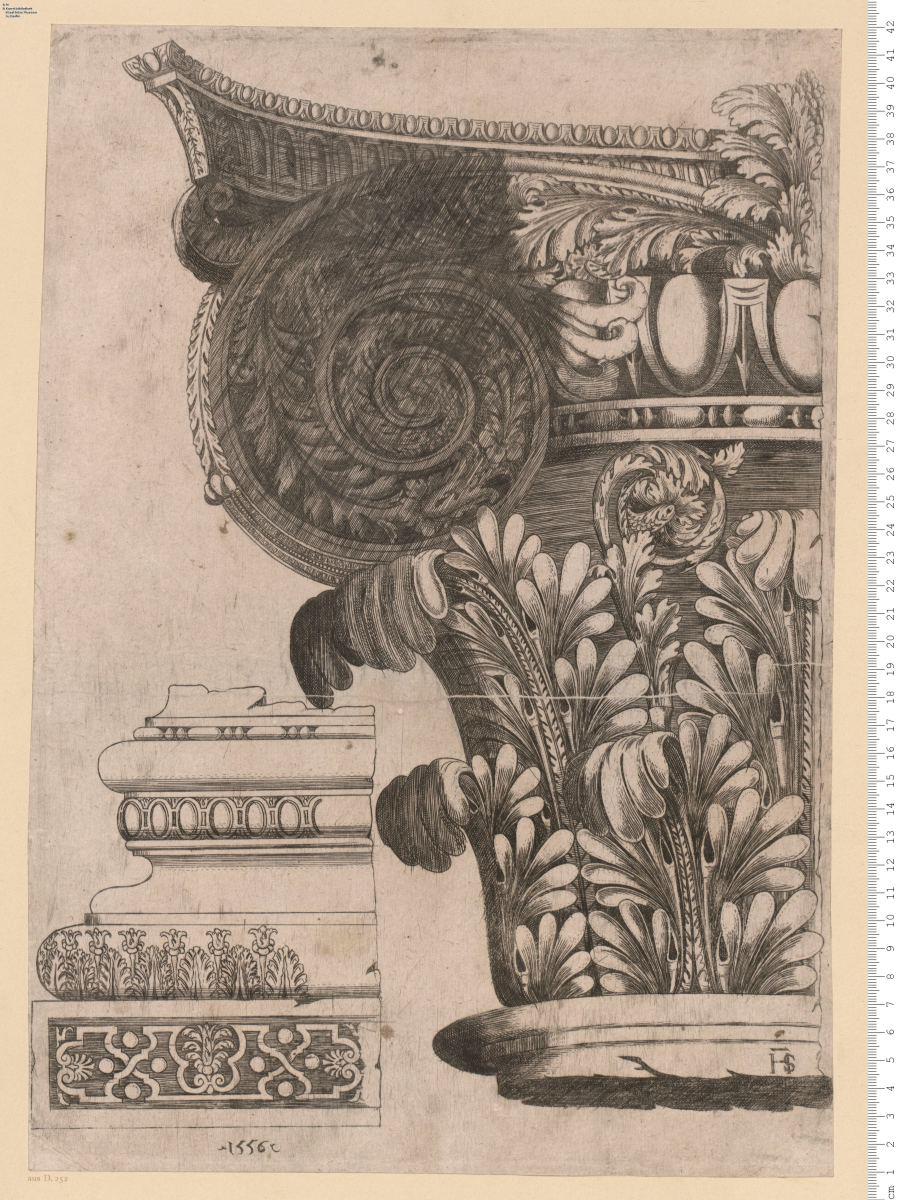 3) Komposit-Kapitell nebst Basis, bez. mit Monogr. u. 1556.