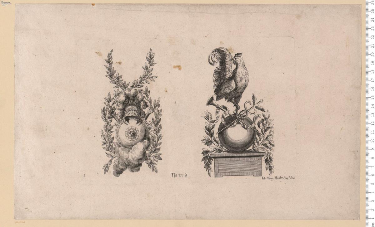 1 Blatt einer Folge: zwei Trophäen mit Helm und Hahn. Joh. Georg Hertel ex. Aug. Vind. Verl.-Nr. 378, Nr. 1.