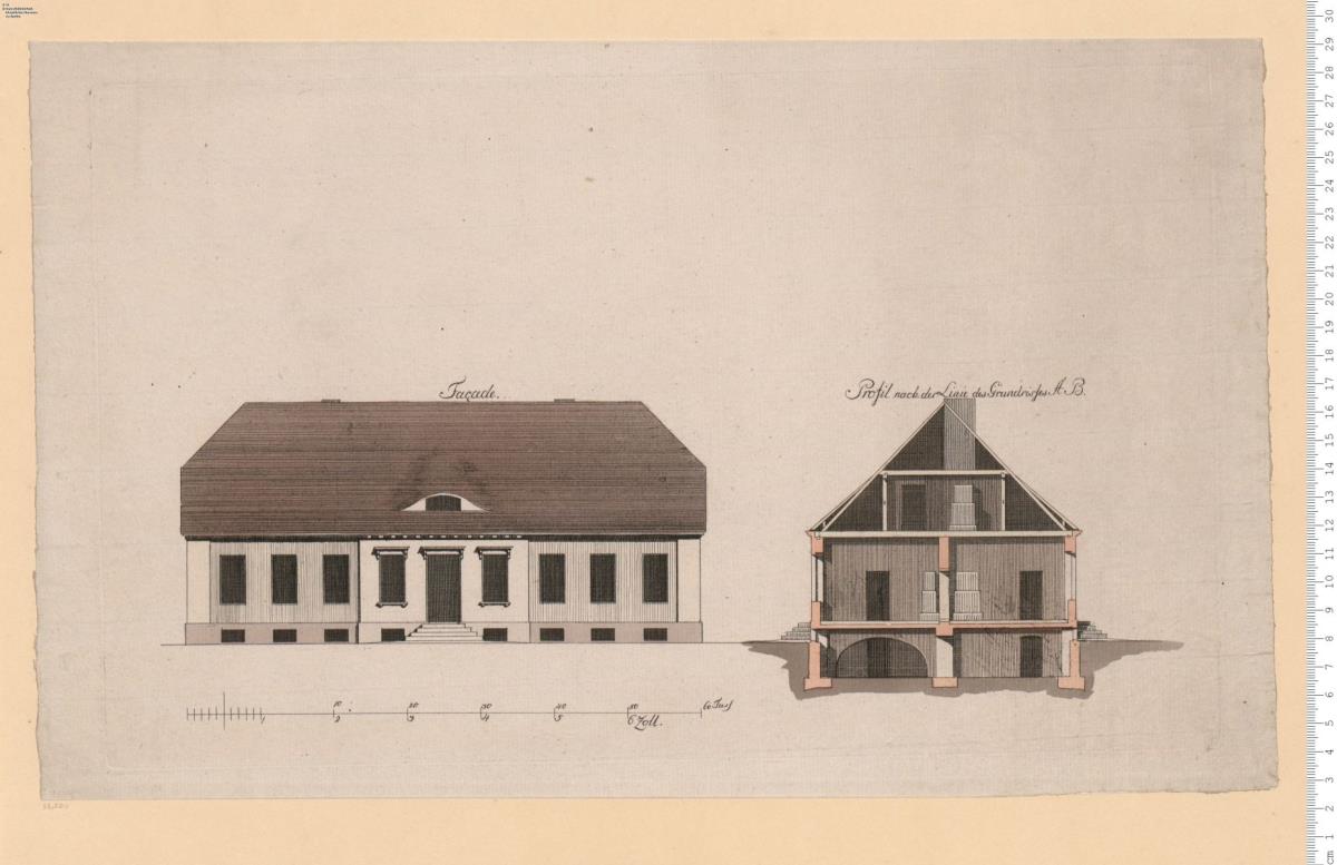 Normal-Zeichnung zu einem Amts-Wohnhause in Neuostpreußen. 1800. gestochen von S: Halle.