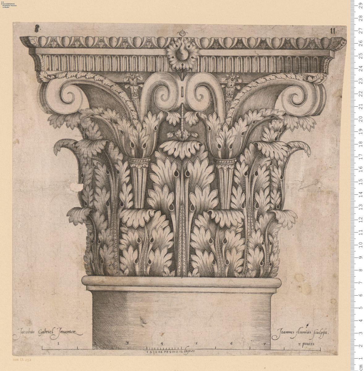 Korinthisches Kapitell. Jacobus Gabriel Jnuentor, Joannes Asinius sculpsit. Nr. 11 einer Folge.