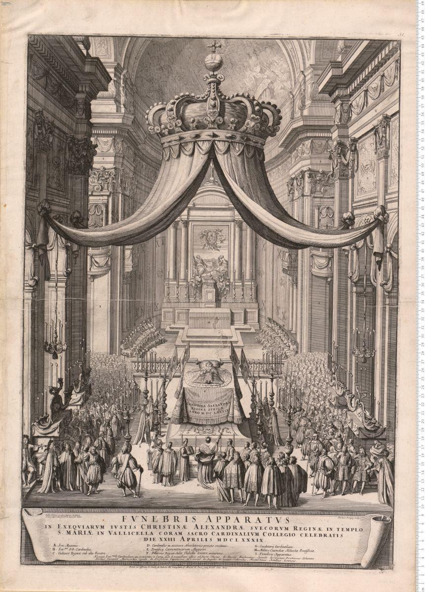 Fvnebris Apparatvs In Exeqviarvm ... Christinae Alexandrae Svecorum Reginae In Templo S. Mariae In Vallicella ... Celebratis ... 1689. Foelix Delinus ... inuentor delin: Nicolaus Dorigny Sculp. Romae ex Officina Io: Iacobi de Rubeis.