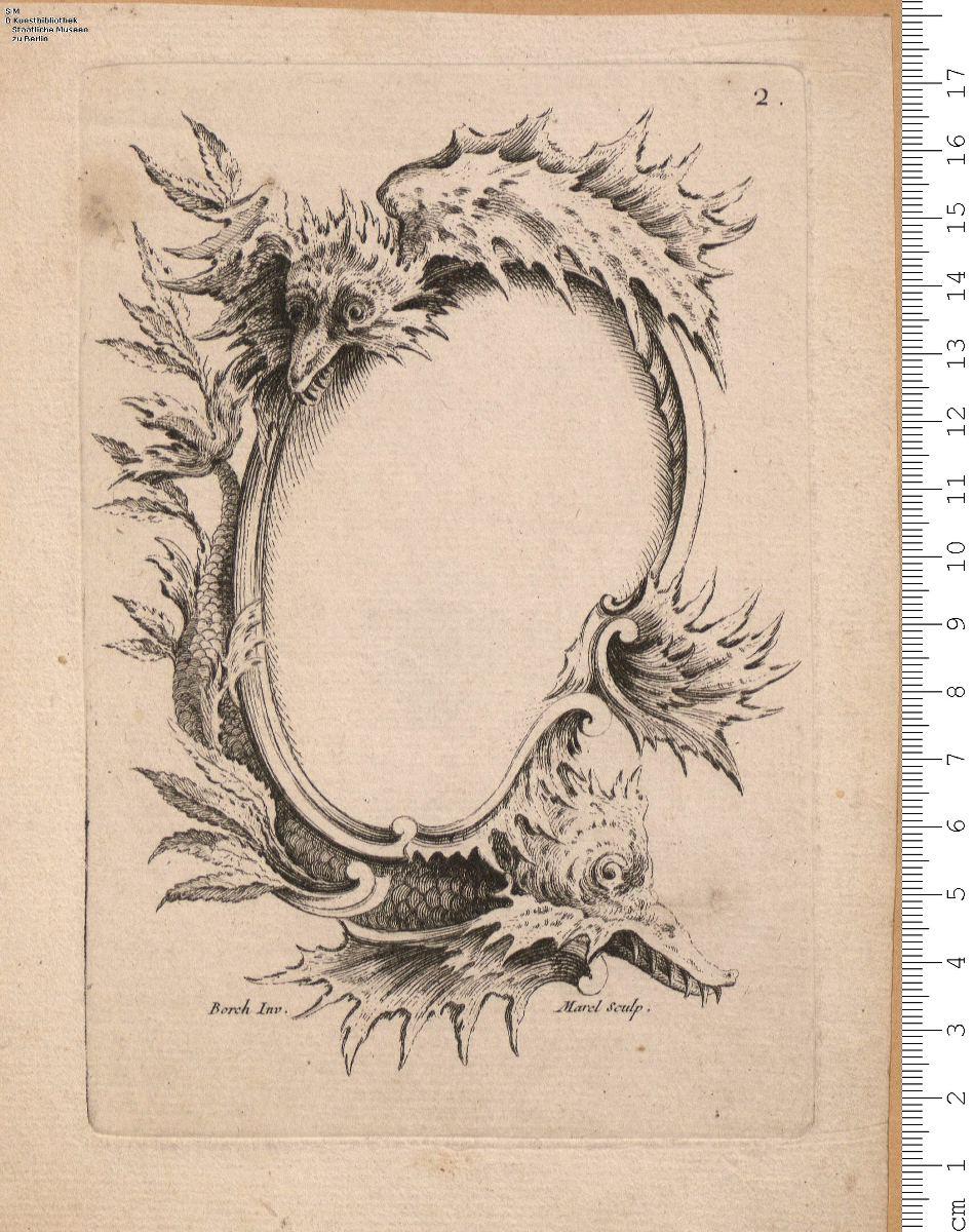 (2) 1 Blatt Nr. 2 aus: Nouveau Livre de Cartouches à l'Usage de différens Artistes. A Paris. Chés la V.e de F. Chereau, bez: Borch Inv. Marel Sculp.