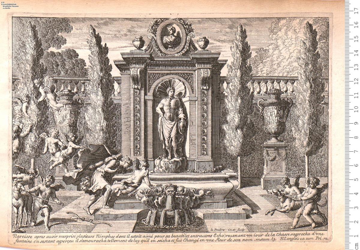 (Folge 95:) Springbrunnen und Gartenanlagen mit Bildern aus den Sagen des Altertums. 6 Blatt vor der Zählung mit Adresse: "N. Langlois".
