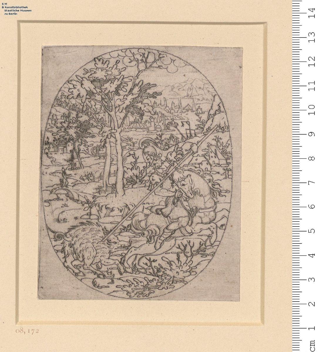(9) 1 Blatt Krieger, ein Wildschwein erlegend in Landschaft (hochoval)