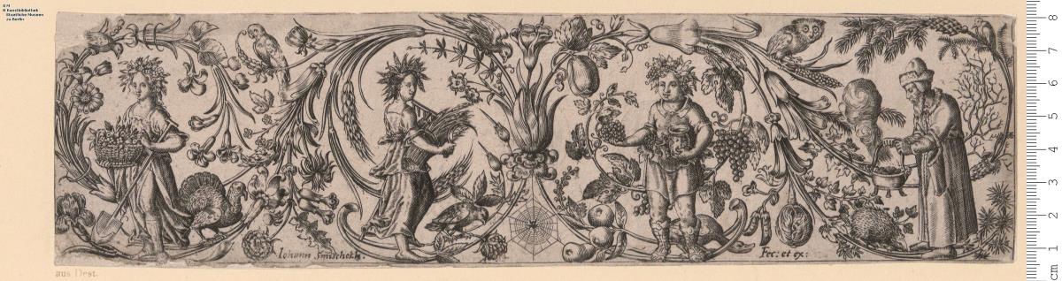 (1) 1 Blatt Fries mit den Figuren der Jahreszeiten in einer Ranke, bez: Johann Smischekh Fec: et ex: