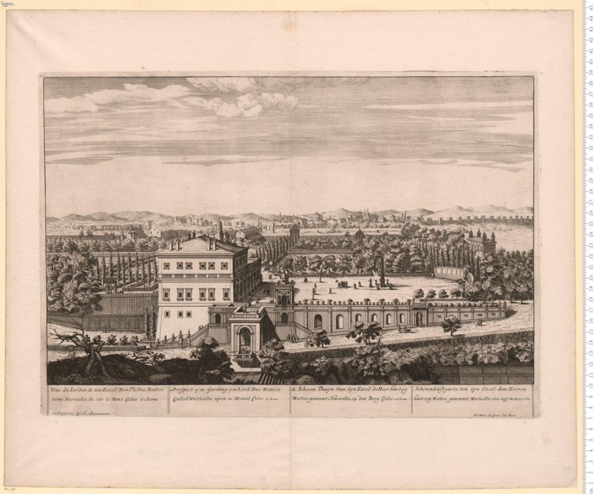 Ansichten der Gärten der Villa Medici, des Herzogs von Parma auf dem Palatin, des Kardinals P. Savelli Peretti bei S. Maria Magg., des Herzogs Mattei gen. Navicella auf dem Celio. bez: tot Amsterdam by I. Bornmeester.