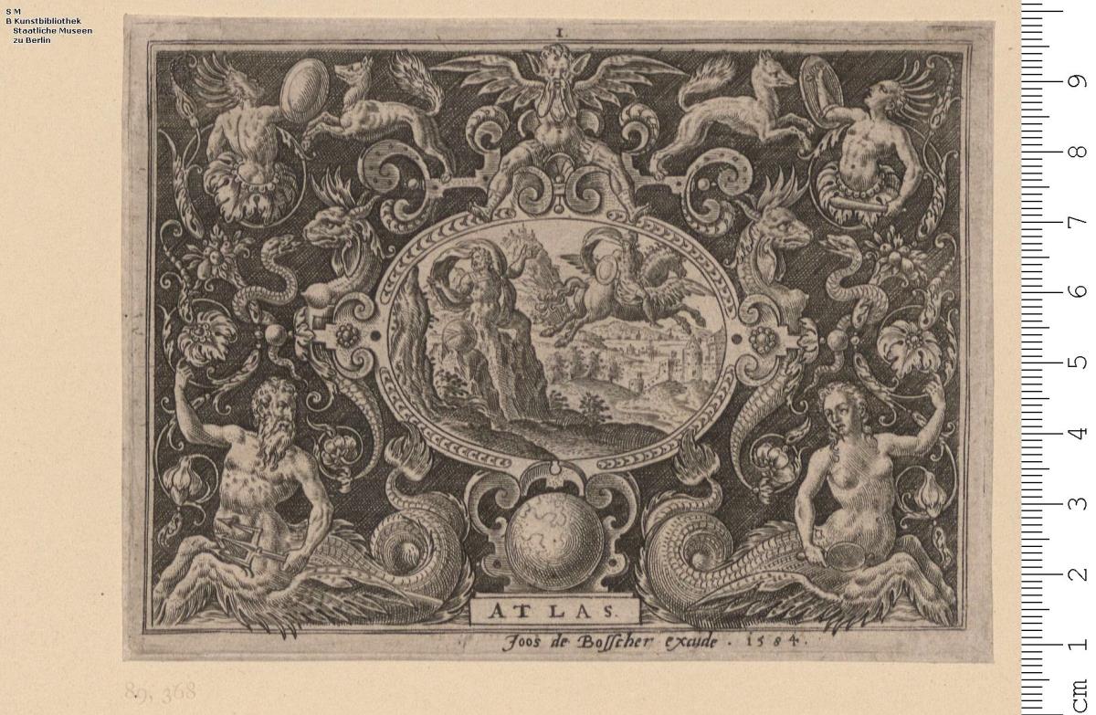 Folge: Querfüllungen: Grottesken auf schwarzem Grunde um mythologische Mittelbilder, mit Unterschriften. Blatt 1 bez: Ioos de Bosscher excude. 1584, die anderen Blatt z. T. bez: A D B (zsgz.) [fecit].