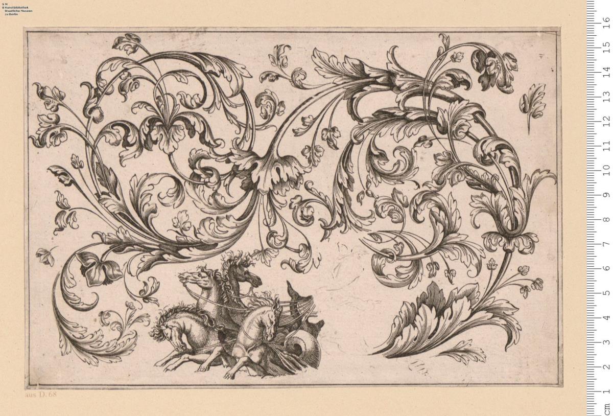 1 Blatt große Ranke, unvollendet, unten das Gespann des Neptun.