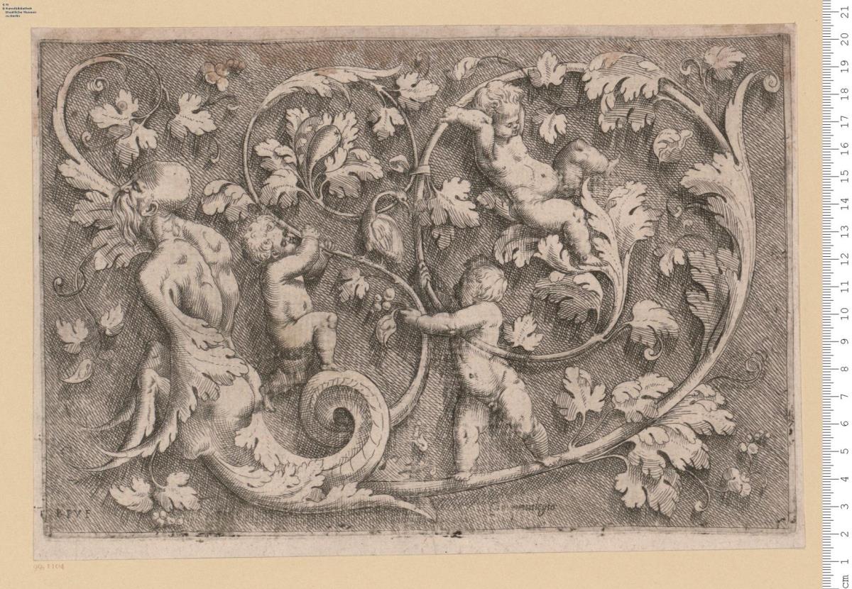 8 Blatt einer Folge: Friese und Hochfüllungen aus Akanthusranken mit menschlichen Figuren u. a. Blatt 1 mit der Widmung: Al ... alessandro Fedrici ... Baptista pitoni uicenz.o Nicolau Valegn formis con gratia et privilegio di venetia ... 1561. - Dazu eines der Blatt in besserem Druck, aber schlechterer Erhaltung.
