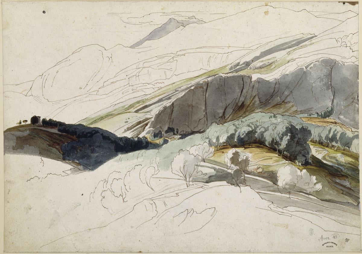 Gebirgslandschaft mit Waldung und Felswand bei Arco
