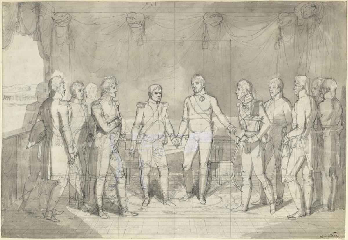 Friedrich Wilhelm III, Kaiser Alexander I und Napoleon mit Gefolge