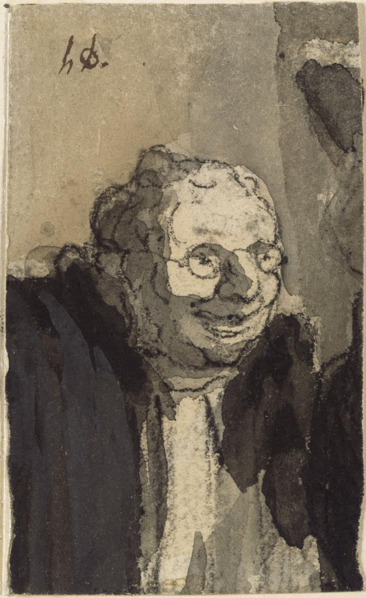 Karikatur: Mann mit Brille (Richter), Brustbild, Ausschnitt