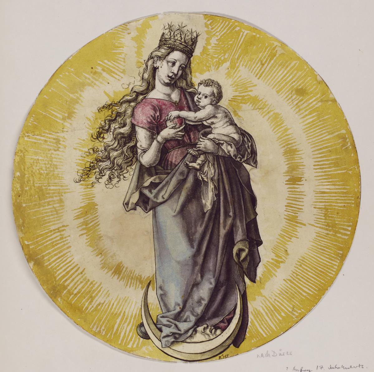 Rundbild der Maria Immaculata auf der Mondsichel in einer Strahlenglorie (Dürer oder Beham?)