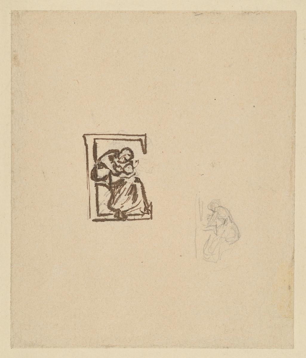 Initale E mit Mutter und Kind (rechts skizzenhafte Variante in Bleistift)
