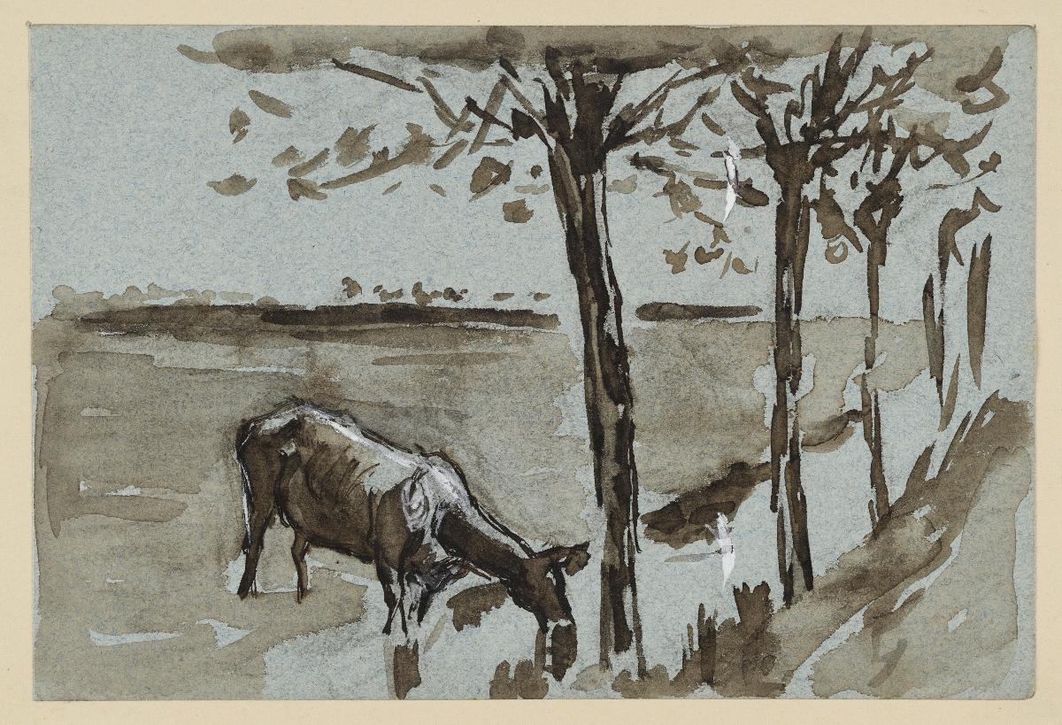 Flieslandschaft mit saufender Kuh