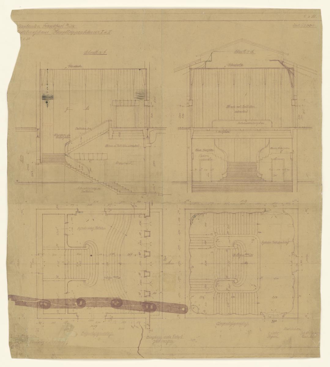 Haus der Moden, Frankfurt / Main, Textilmessehaus, Haupttreppenhäuser I u. II, Grundrisse u. Schnitte, Lichtpause