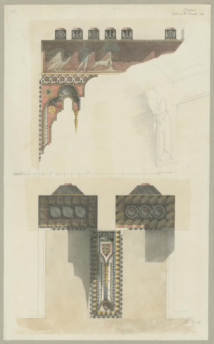 Skizzenbuch Italienreise, Palermo, Palazzo Chiaramonte, Sala Grande, Seiten-, Frontal- und Schrägansicht der Konsolen und Balken der Decke