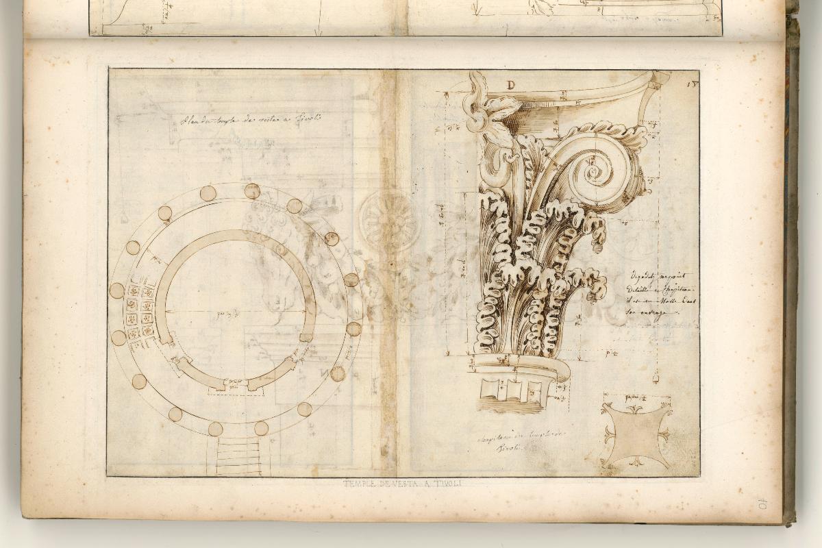 Tivoli, Vesta-Tempel; Grundriss, Aufriss und Schnitt; Verso: Gebälk des Rundtempels