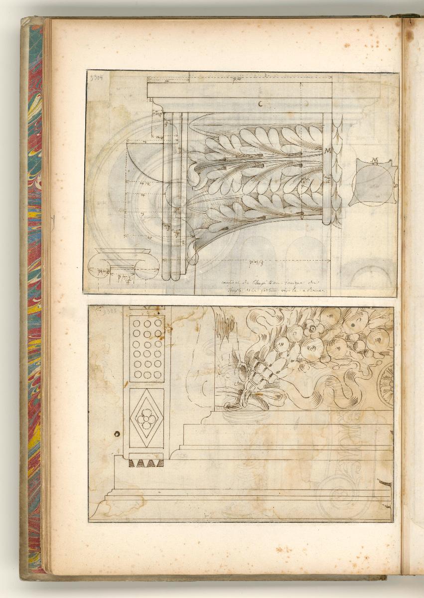 Rom, Tempel Fortuna Virilis; Zeichnung oben Hdz 3304: Ionische Kapitelle; Verso: Seitenansicht Volute vom ionischen Kapitell; Zeichnung unten Hdz 3305: ionisches Kapitell der Giebelfront, Außen- und Innenansicht; Verso: Details der Frieszone des Gebälks