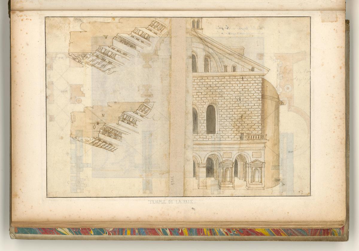 Rom, Konstantinbasilika, Grundrisse; Verso: Gesimse und rechte Hälfte des Fassadenaufrisses