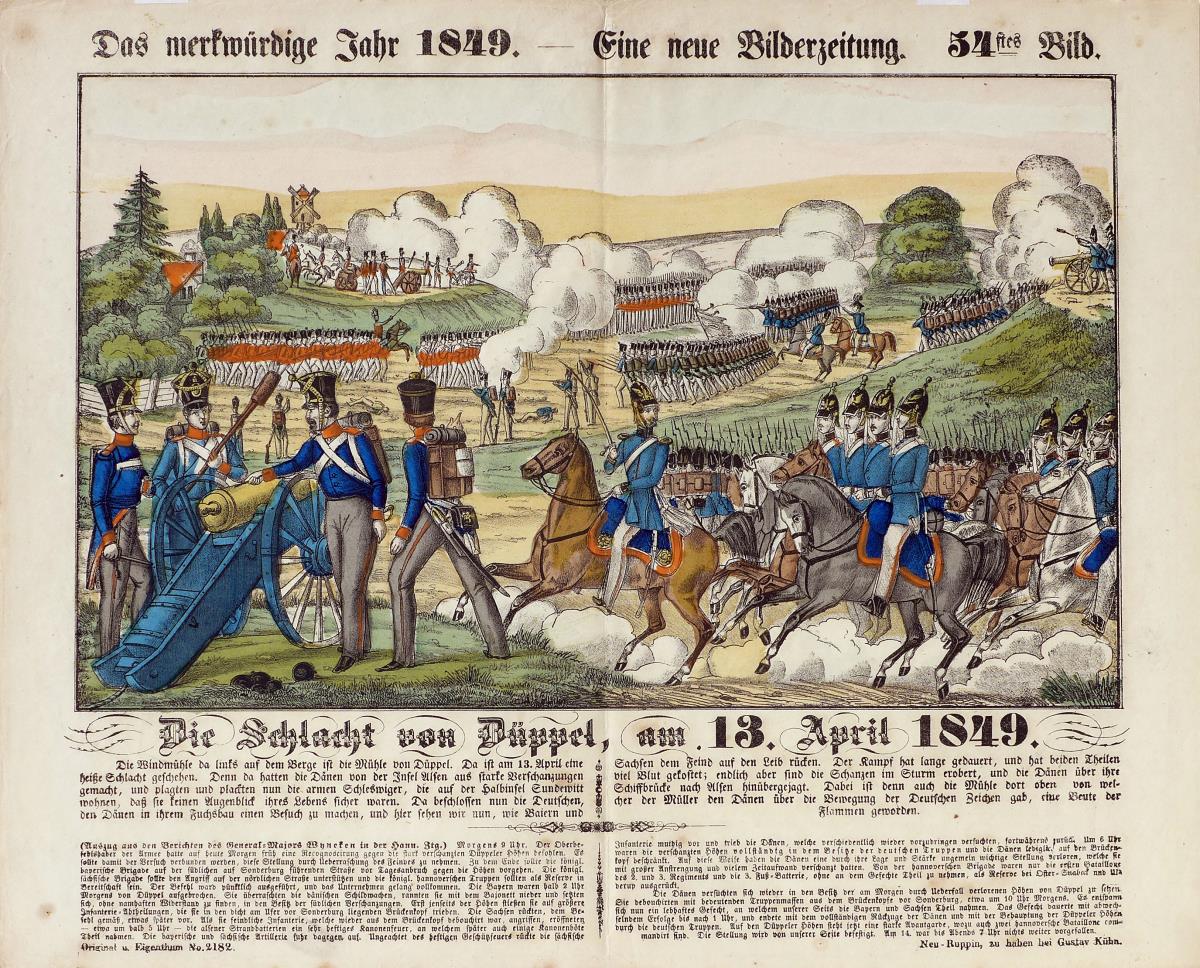 Das merkwürdige Jahr 1849. – Eine neue Bilderzeitung. 54tes Bild. Die Schlacht von Düppel, am 13. April 1849.