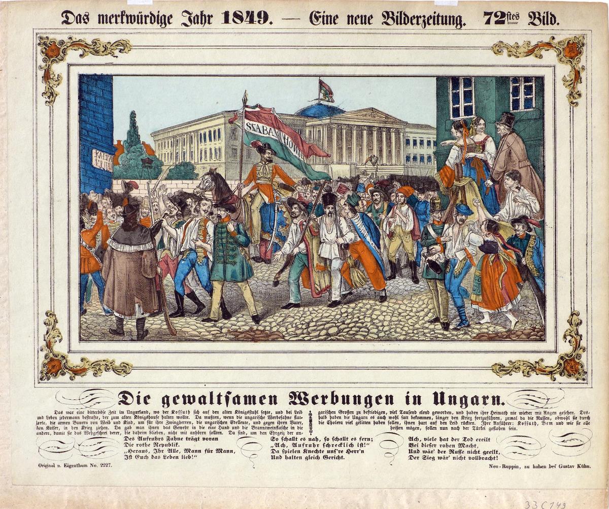 Das merkwürdige Jahr 1849. – Eine neue Bilderzeitung. 72stes Bild. Die gewaltsamen Werbungen in Ungarn.