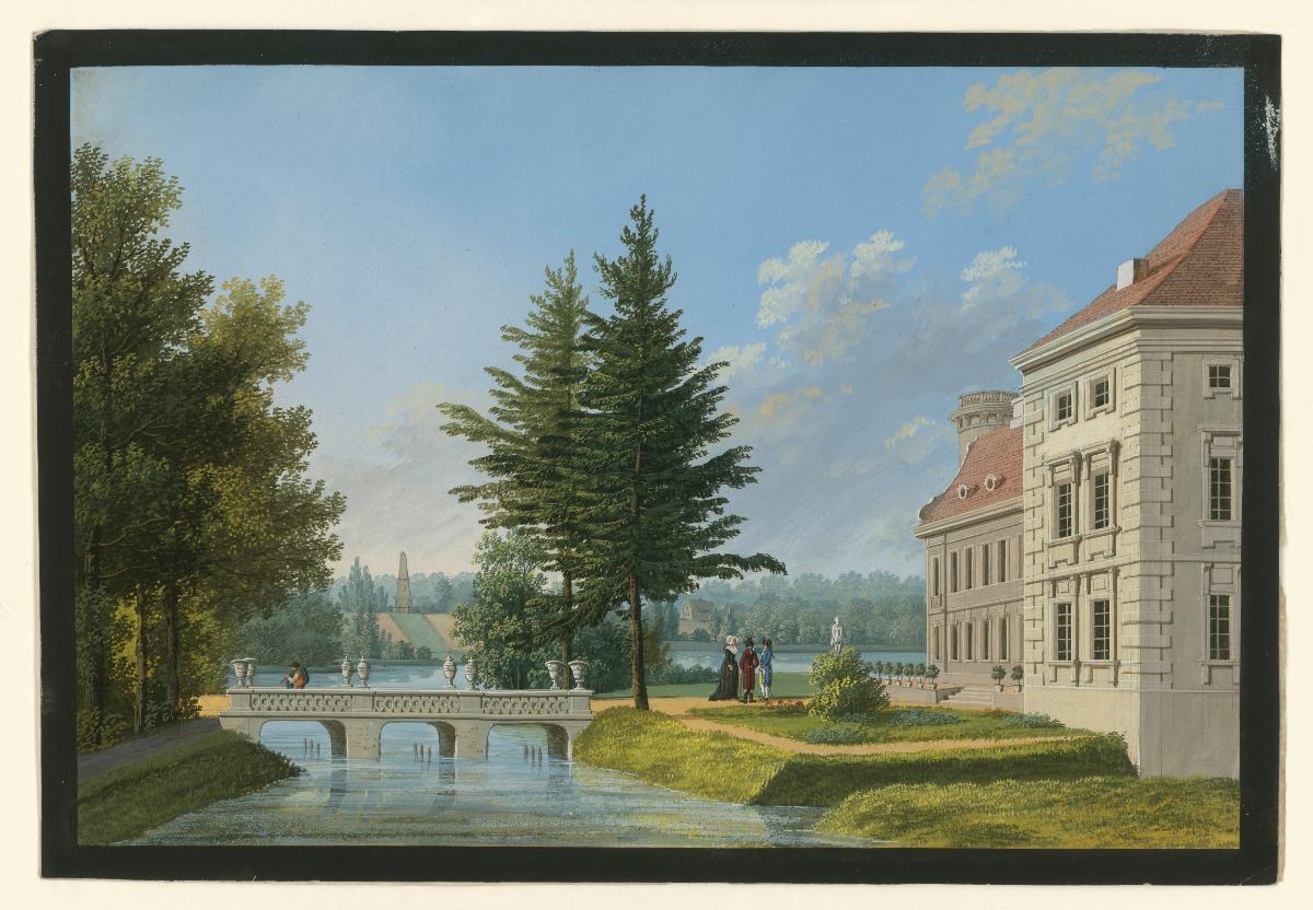 Das Schloss zu Rheinsberg von der Brücke aus nach dem Obelisk