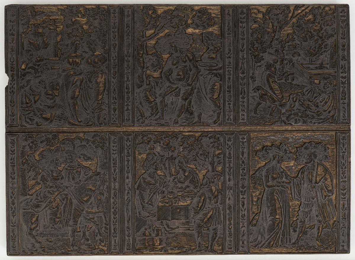 Piramus und Thisbe; Intimwaschung/Allegorie der Wahrheit (?); Parisurteil; amouröser Spaziergang; am. Mahl; am. Ausritt
(6 Stöcke)