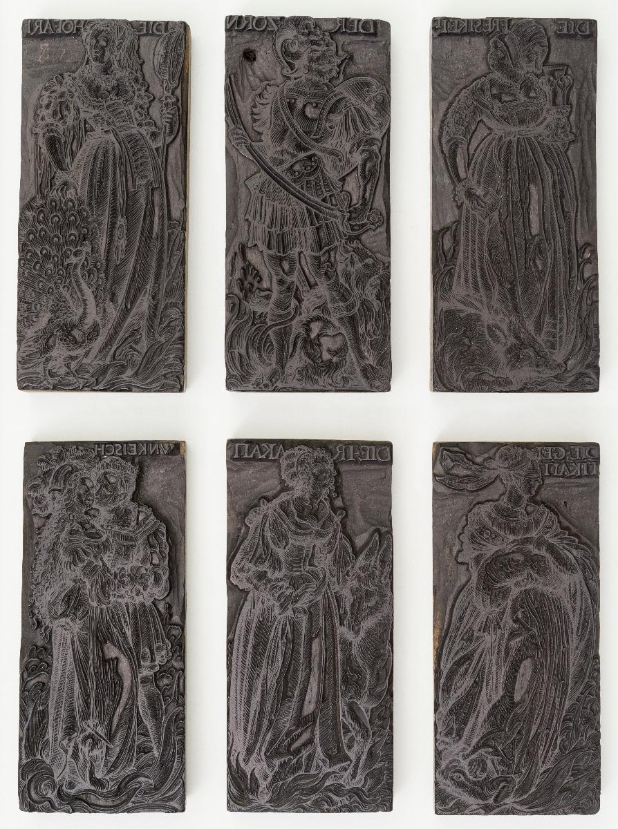 Sechs der Sieben Laster: Hofart, Zorn, Geiz, Unkeuschheit, Trägheit, Völlerei (6 Stöcke)