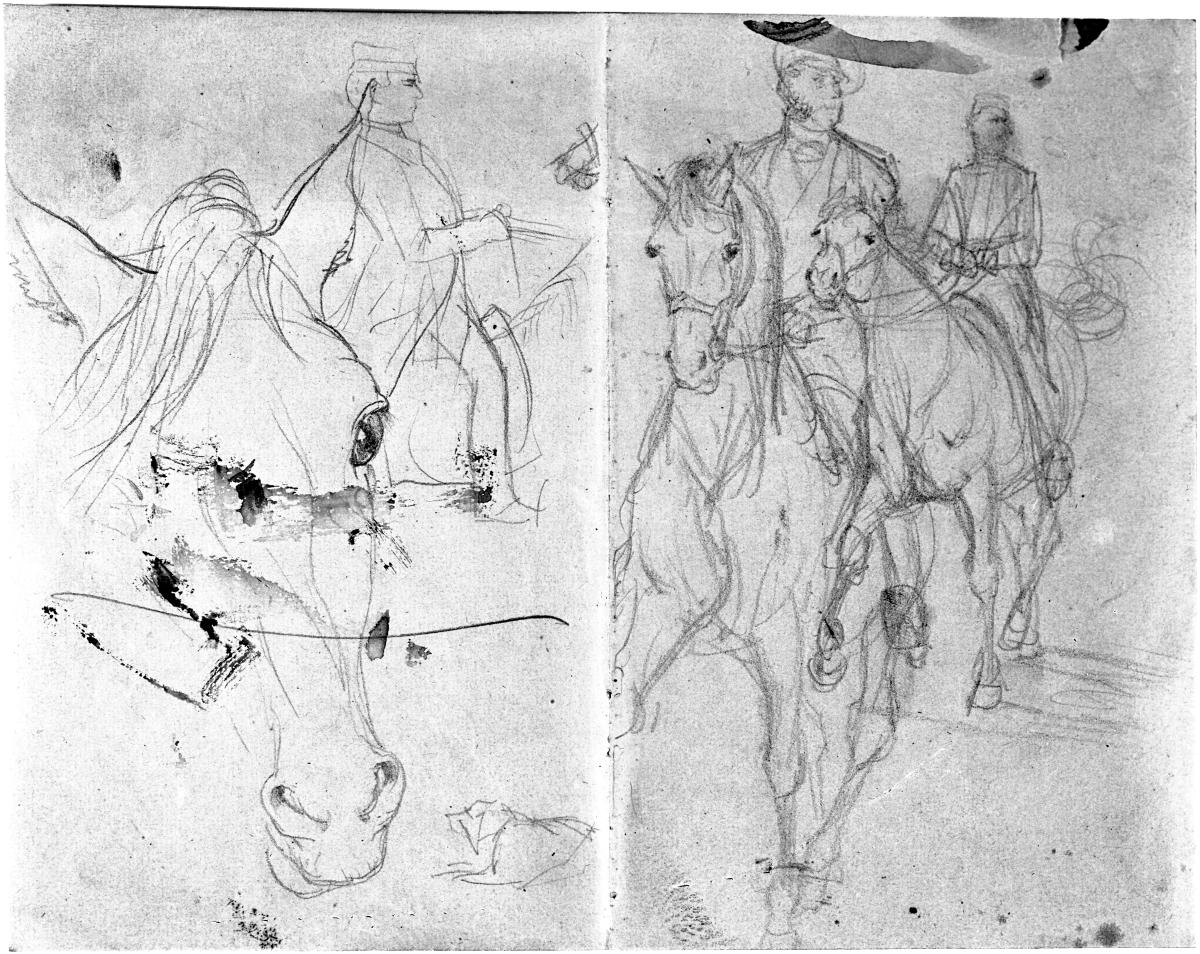 Pferdekopf en face, mehrere Reiter