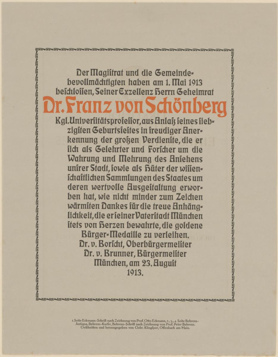 Schriftmuster: Eckmann-Schrift, Behrens-Antiqua, Behrens-Kursiv, Behrens-Schrift