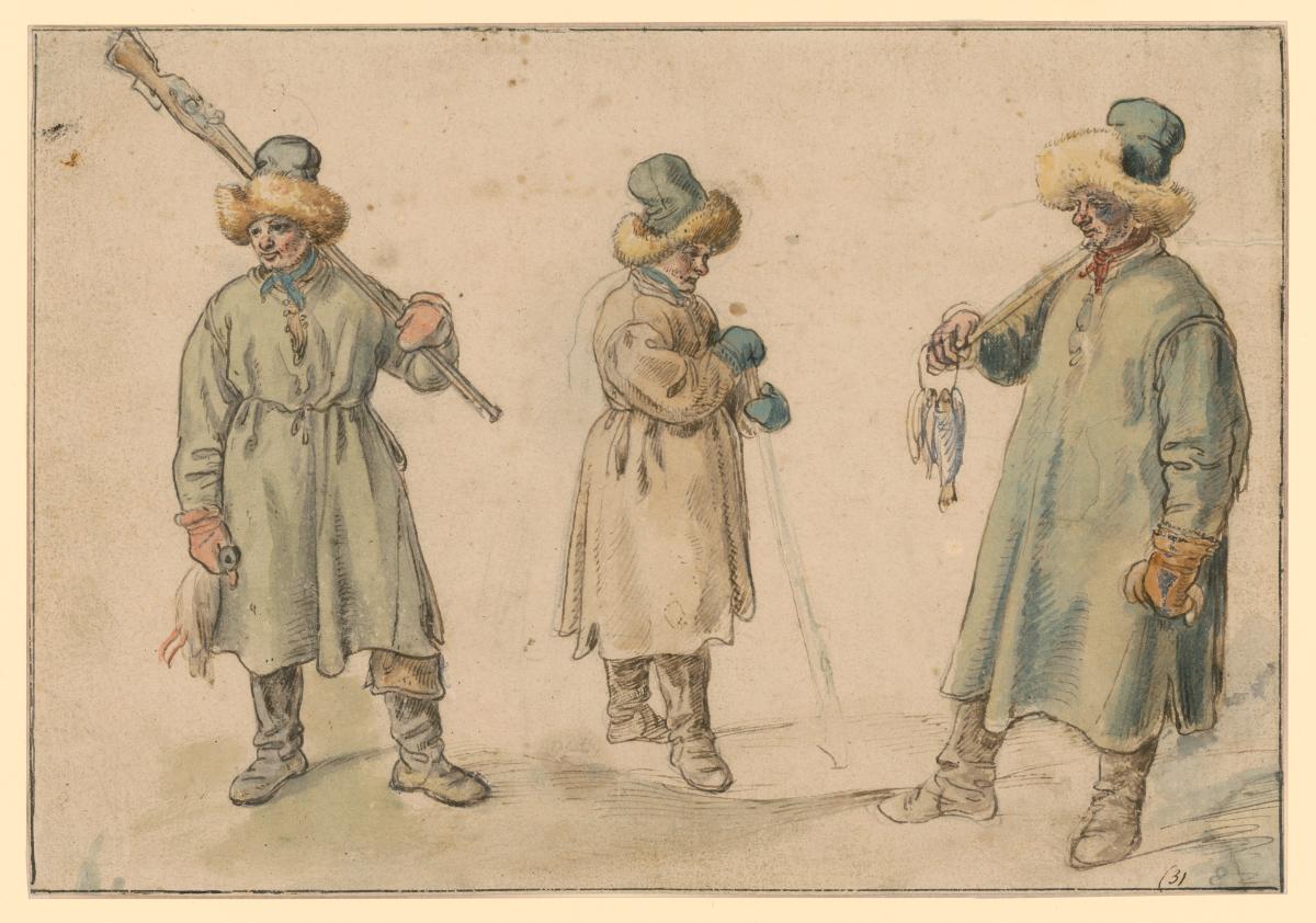 Drei Studien eines Bauern in Winterkleidung