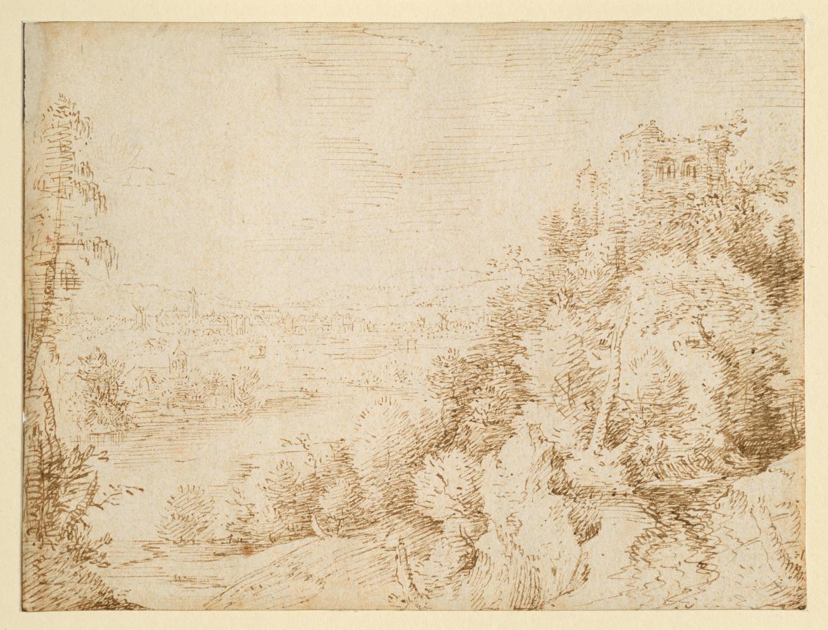 Flusslandschaft, vorn rechts eine Burgruine auf einem bewaldeten Hügel