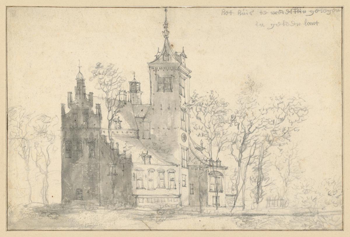 Haus Vredestein. Ansicht eines Schlosses mit hohem Giebel und viereckigem Turm