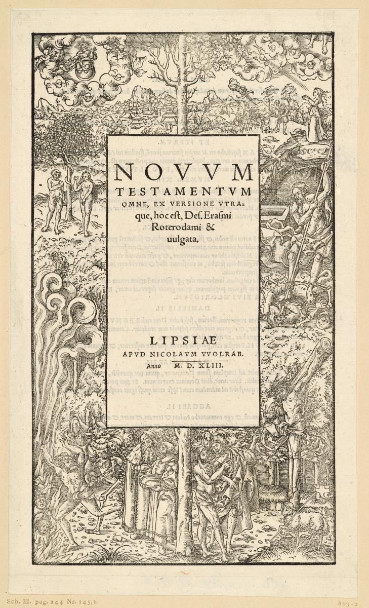 Titelrahmen mit den biblischen Szenen vom Sündenfall und der Erlösung