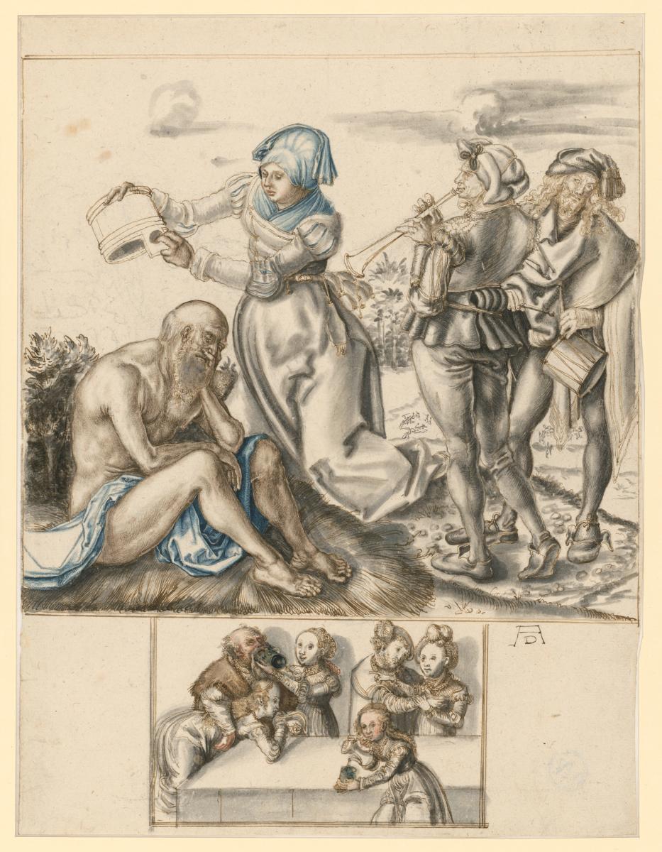 Hiob, von seiner Frau mit Wasser begossen, mit Trommler und Pfeifer nach zwei Tafeln von Albrecht Dürer, darunter zwei Männer mit vier Frauen im Freudenhaus