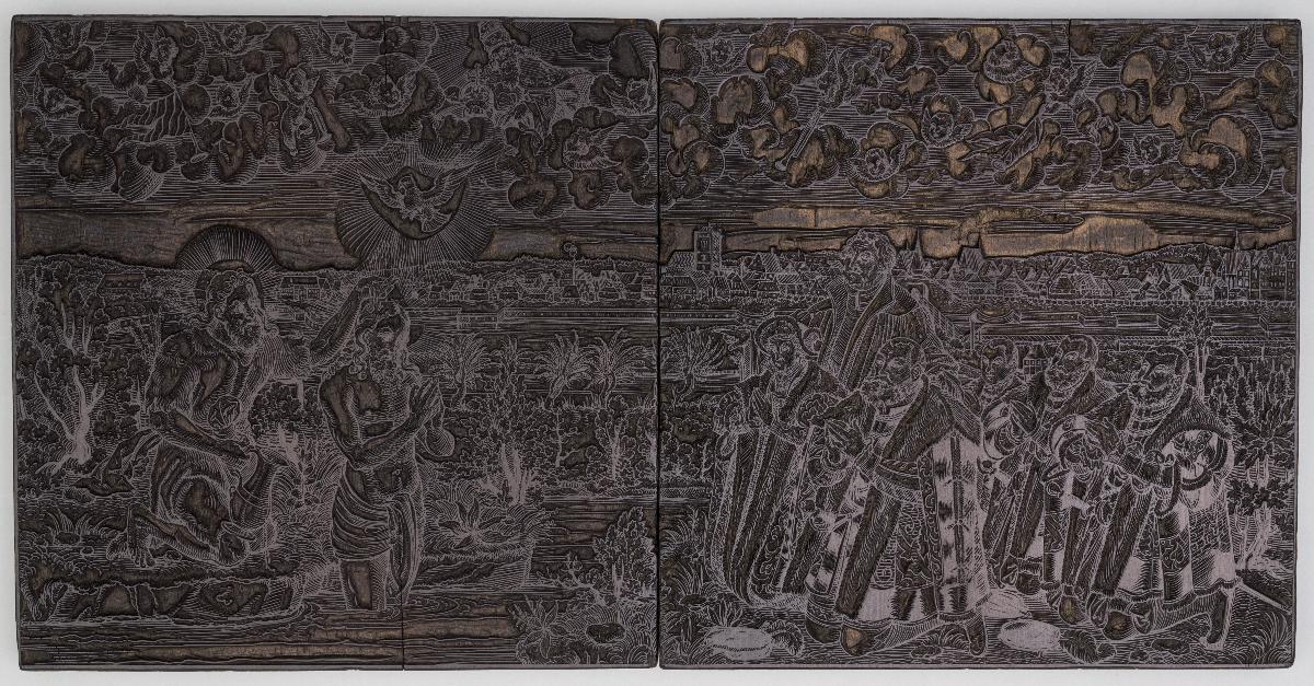 Taufe Christi, betrachtet von Luther und der Familie des Kurfürsten Johann Friedrich, im Hintergrund die Stadt Wittenberg (2 Stöcke)