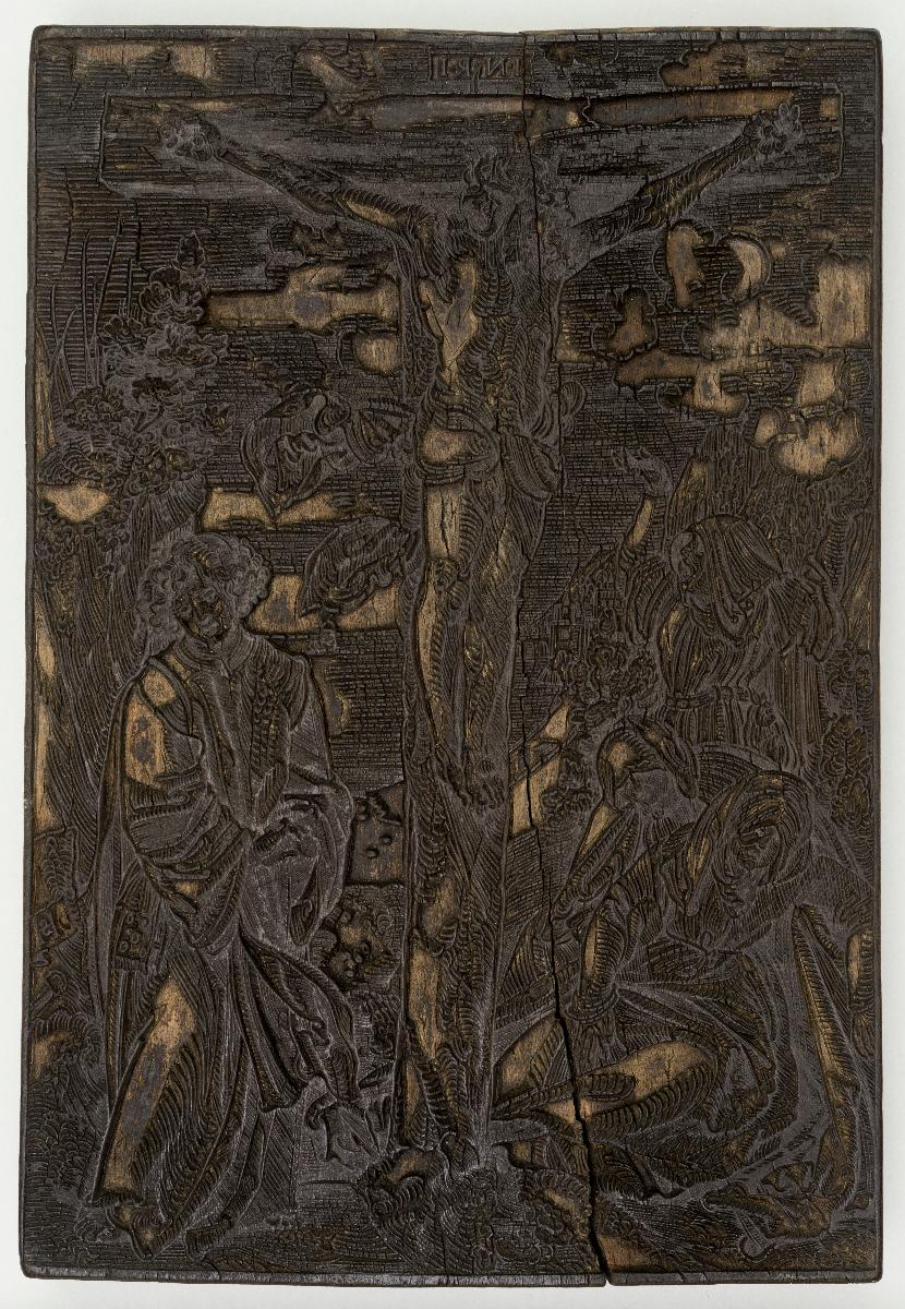 Kreuzigung mit zusammensinkender Maria, von M. Magdalena gestützt und trauerndem Johannes