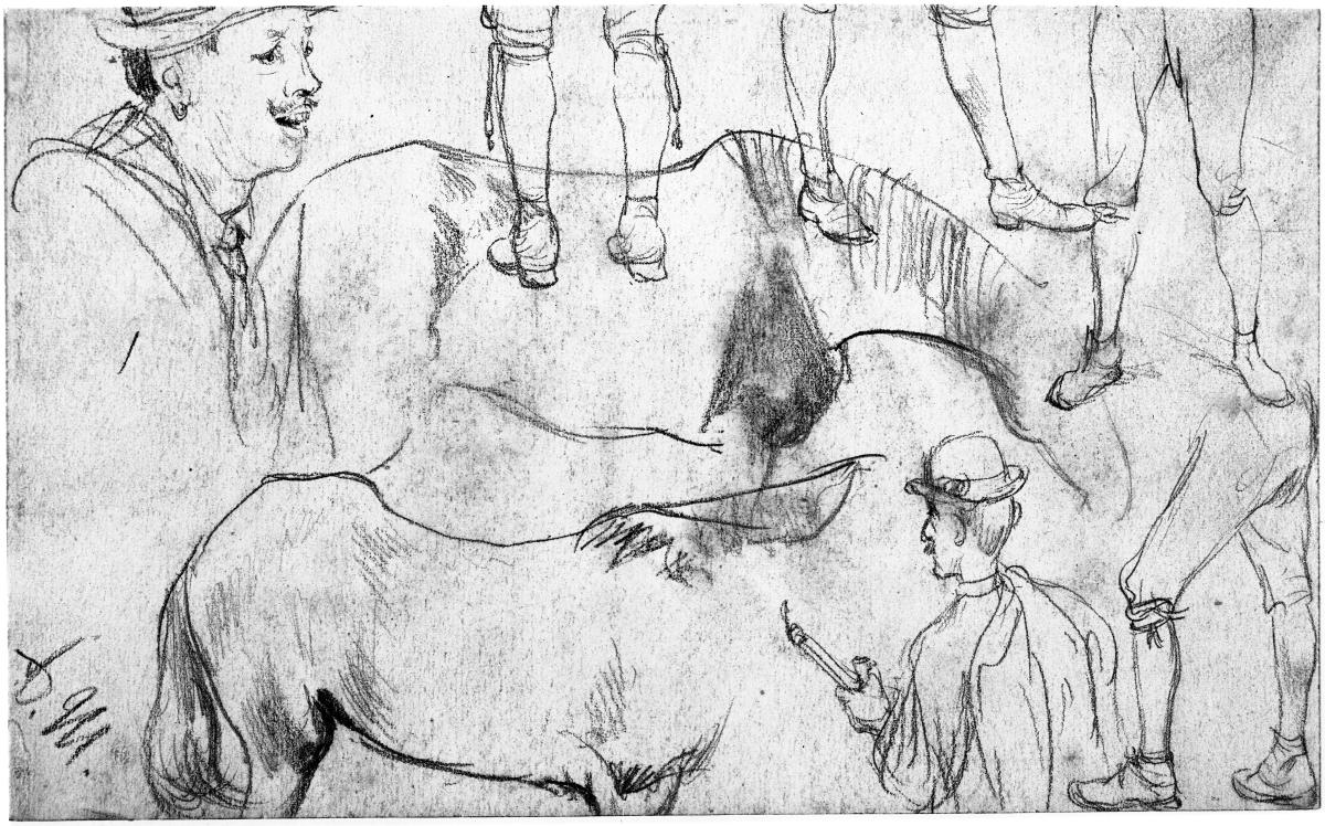 Zwei Umrisse eines Pferdes, Beinstudien, zwei männliche Figuren