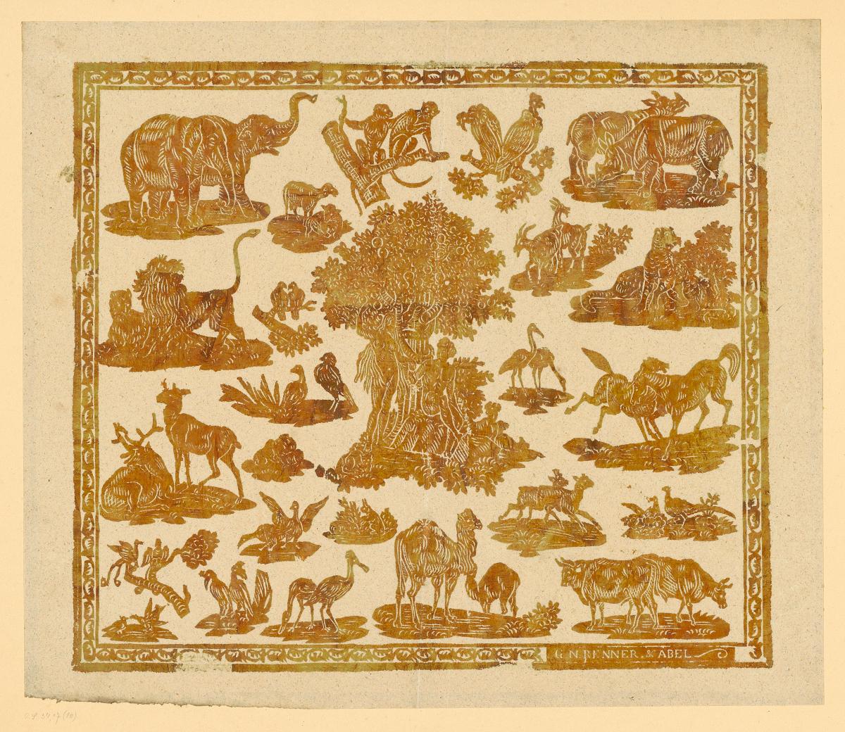 Brokatpapier (Adam und Eva umgeben von zahmen und wilden Tieren)