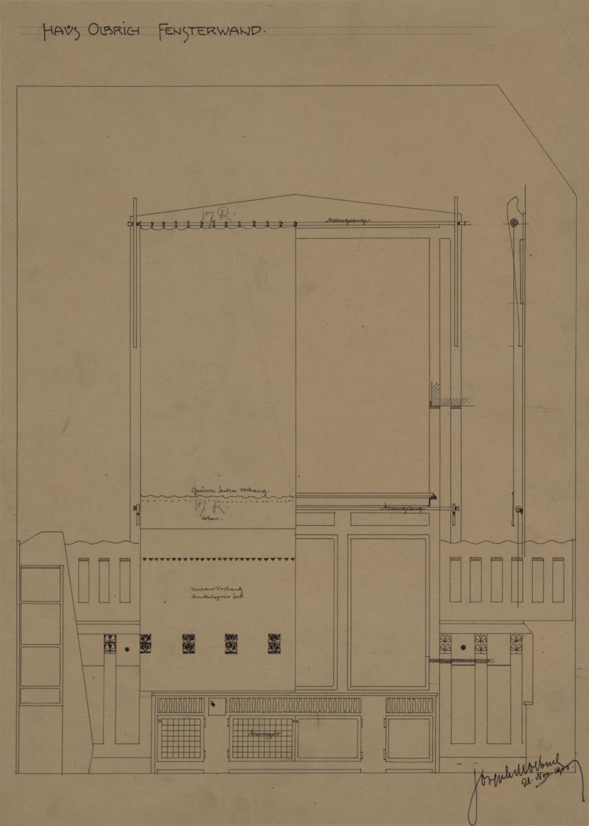 Darmstadt, Wohnhaus Olbrich, Erdgeschoss, Halle, Aufriss der Westwand