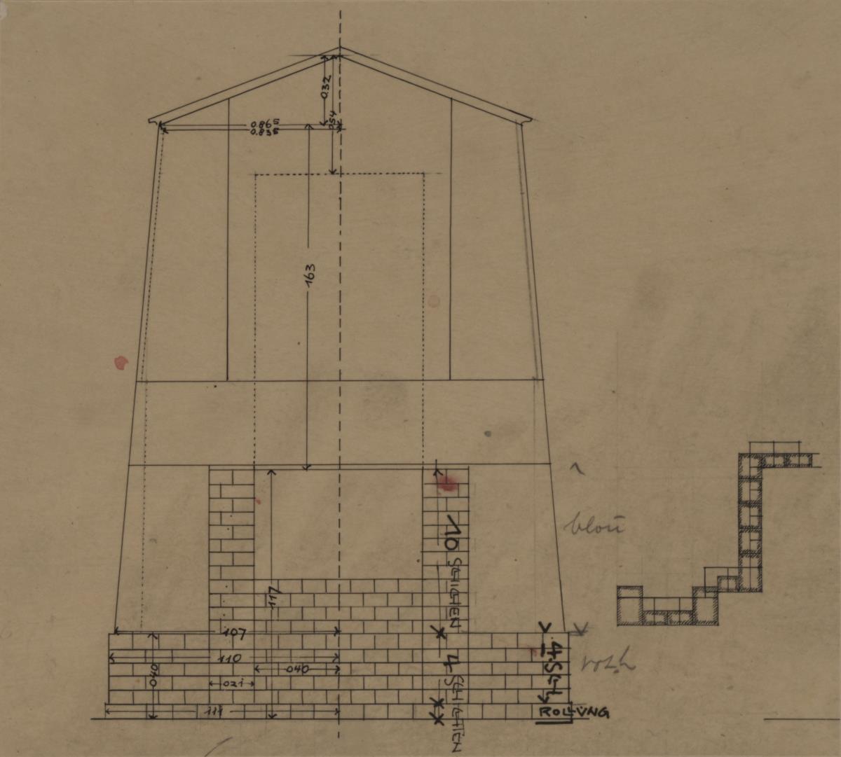 Darmstadt, Wohnhaus Olbrich, Erdgeschoss, Halle, Schnitt durch den Kamin