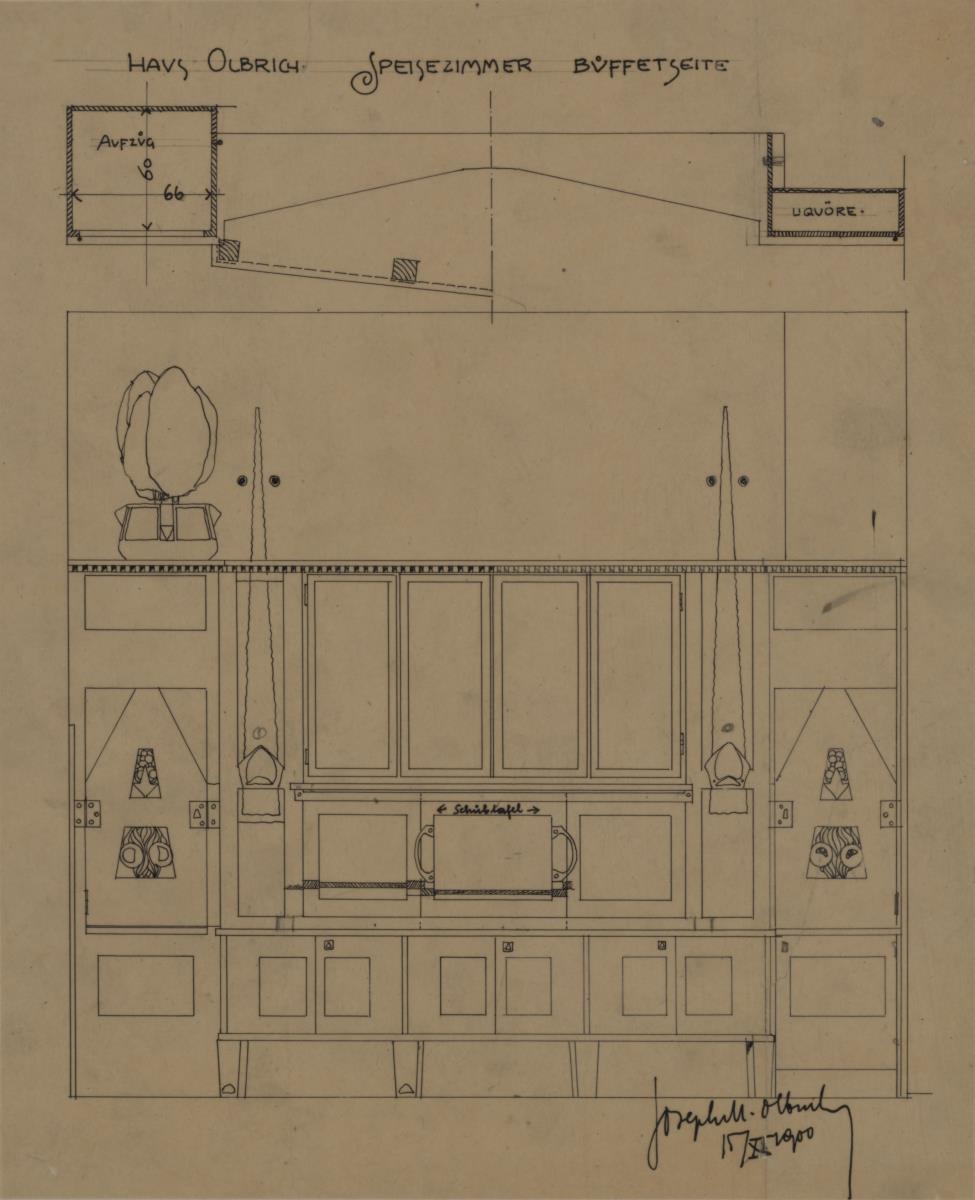 Darmstadt, Wohnhaus Olbrich, Erdgeschoss, Speisezimmer, Grundriss und Aufriss der Westwand